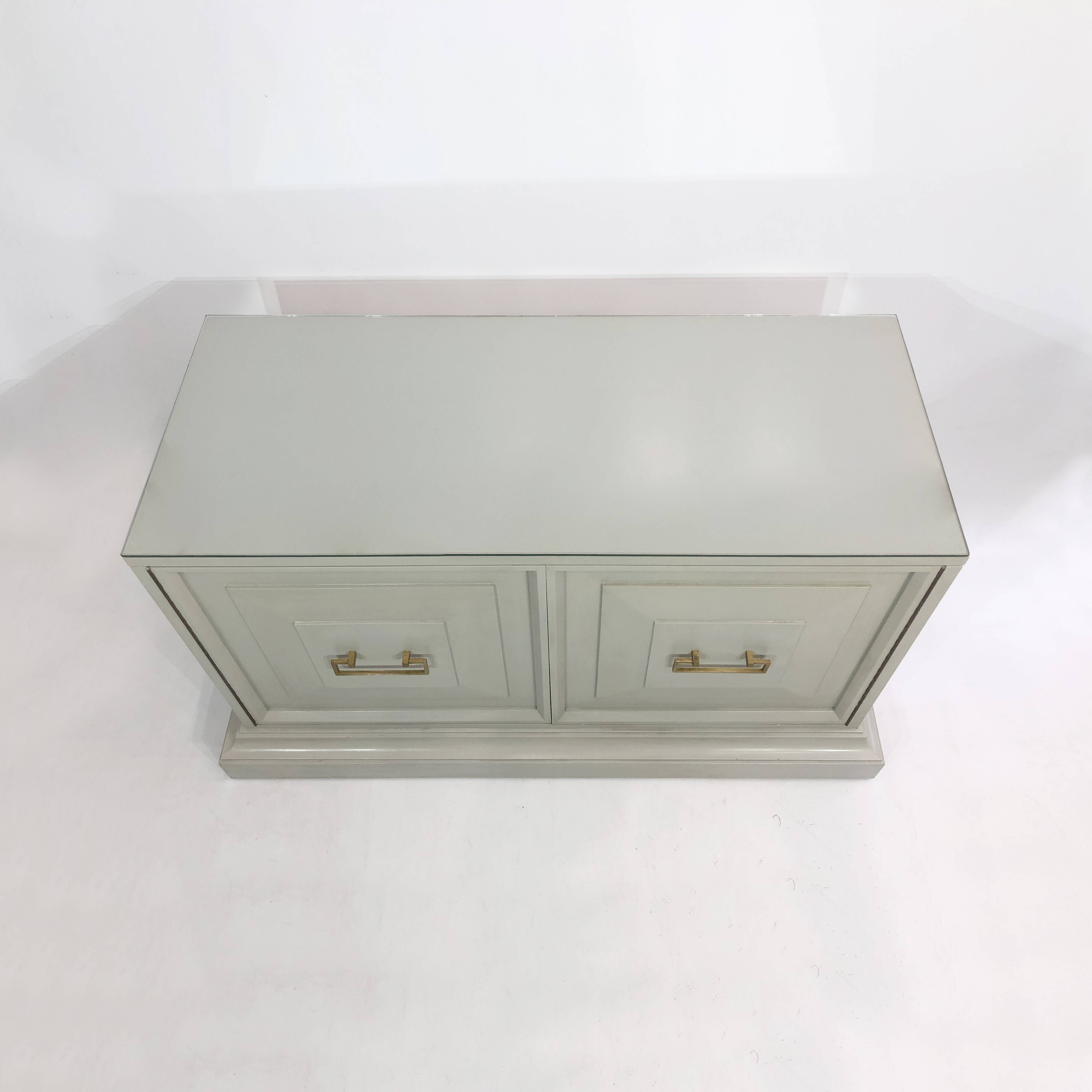 Neoclassical Duck Egg Cabinet Sideboard On Plinth 1970s USA Blue Brass Chinoiserie Retro Vintage