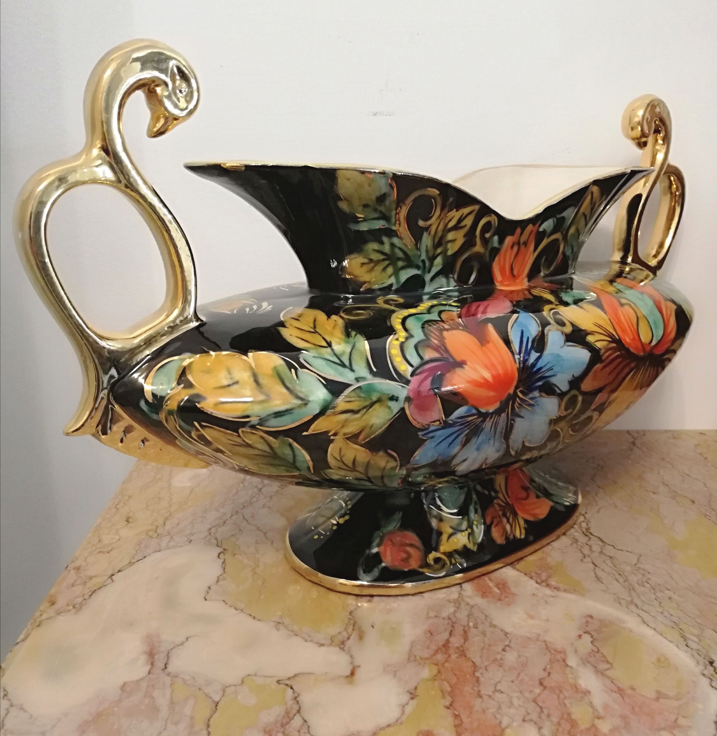 Ceramic planter swan-headed handles by Hubert Bequet