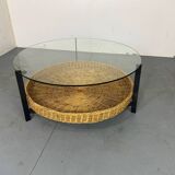 Table basse en verre, acier et rotin de style danois moderniste du milieu du siècle, 19