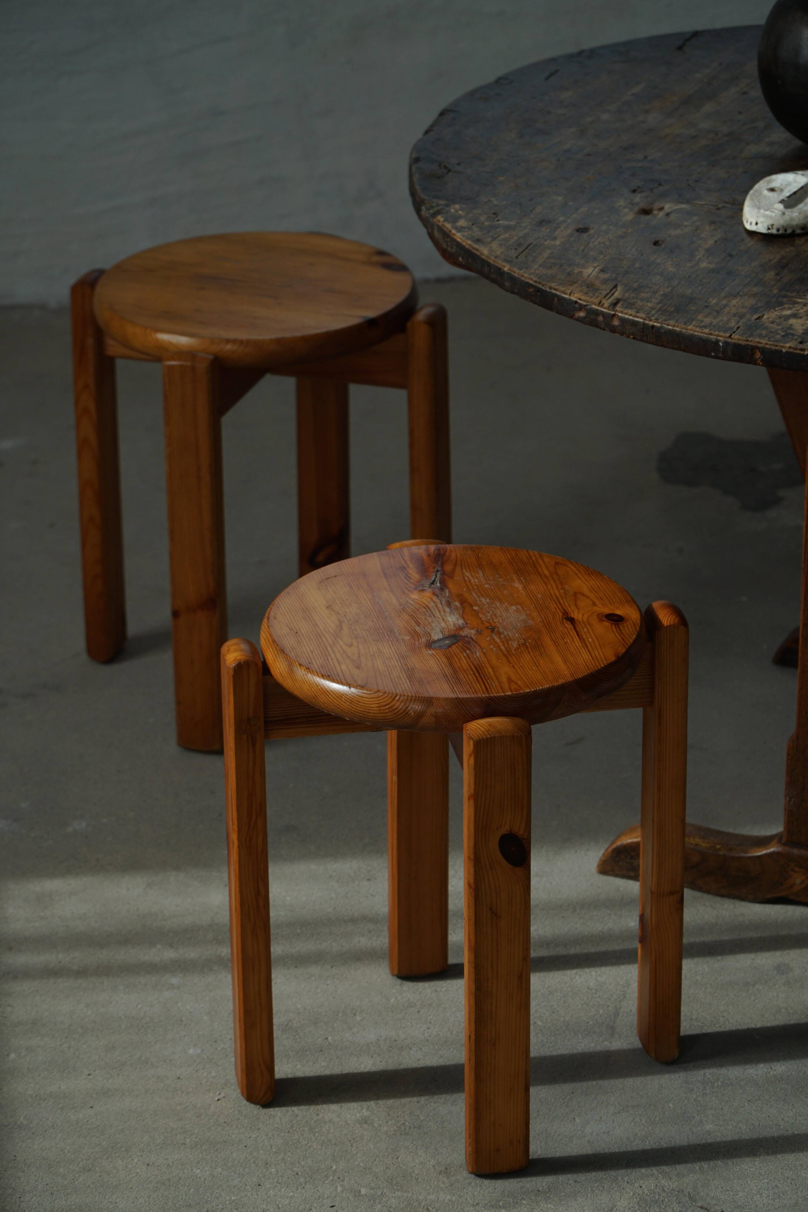 Mid-20th century, set of 4 vintage stackable pine stools, Danish design.
