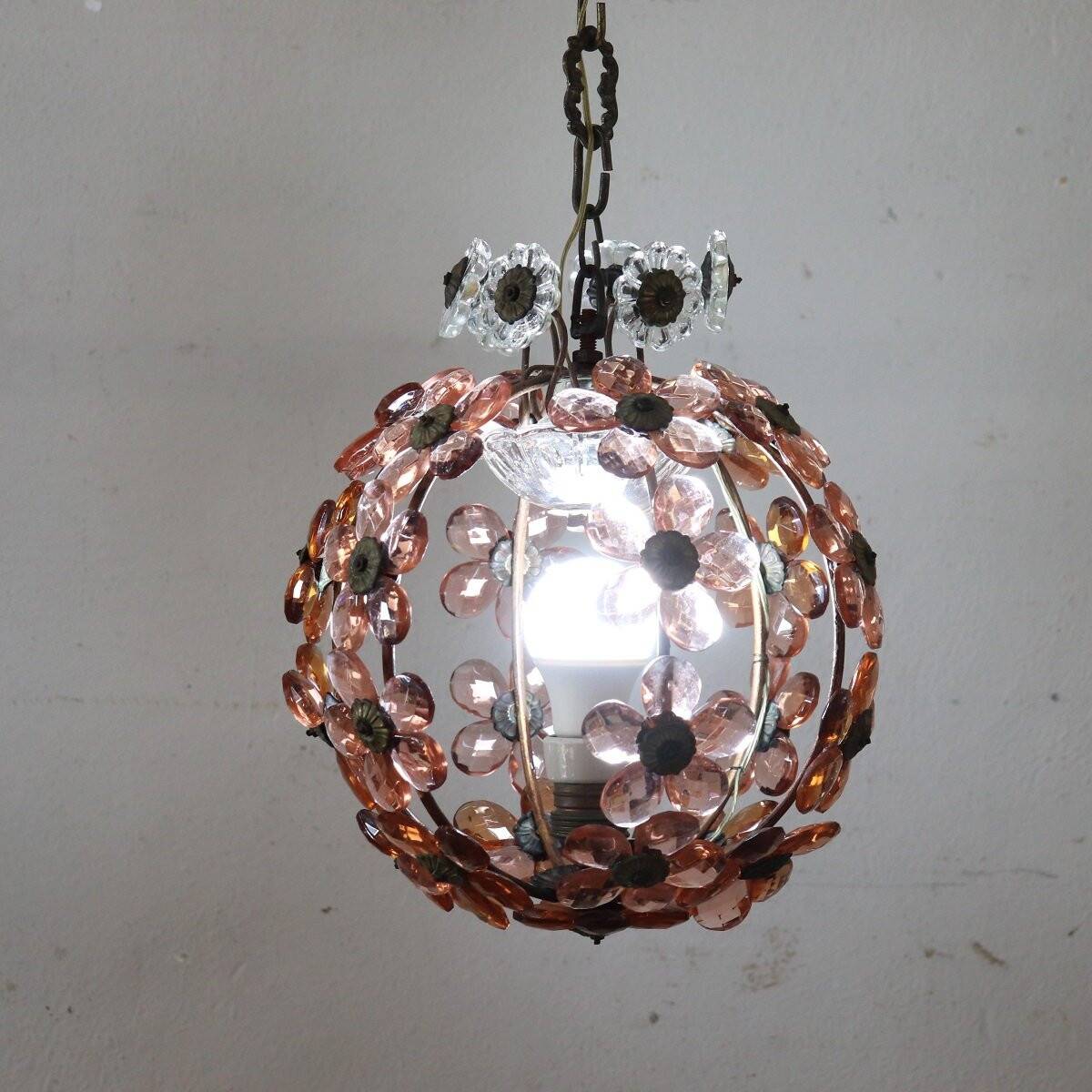 Pendant Lamp In Iron And Murano Glass, Italy Early 20th Century