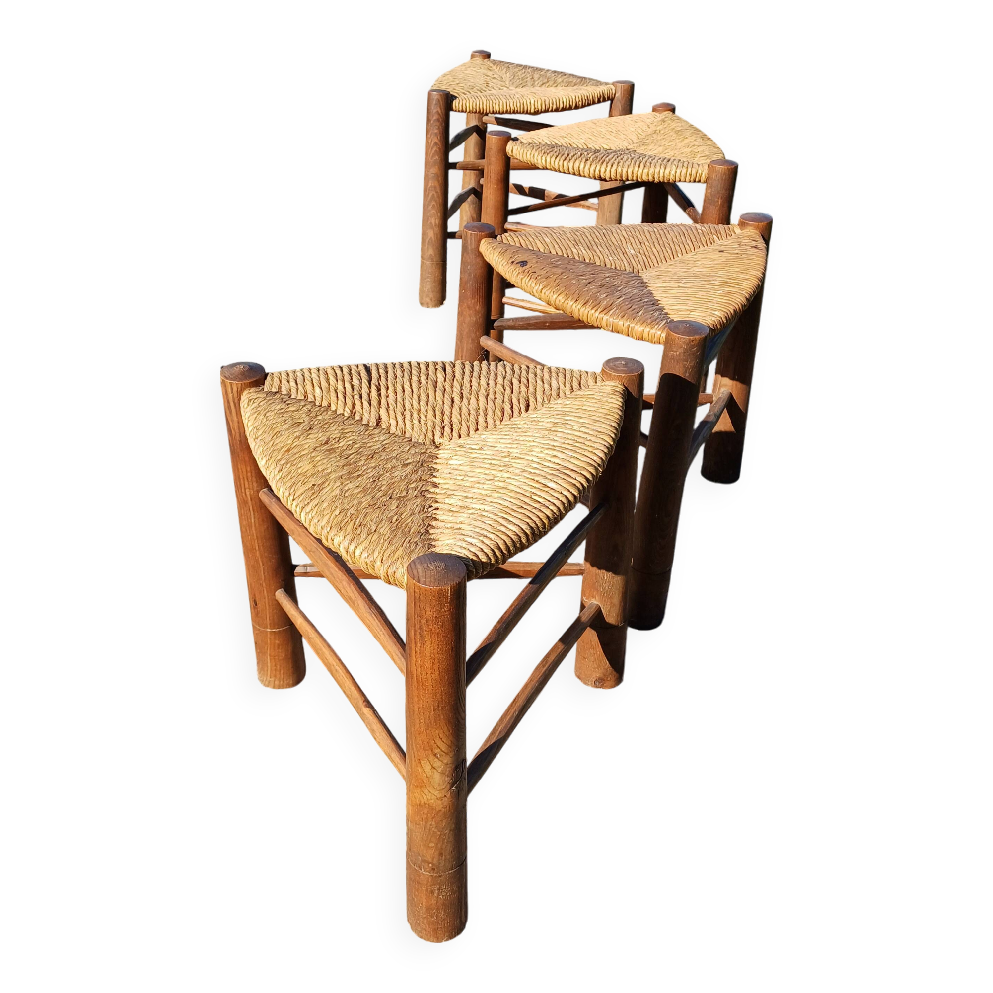 4 Vintage Tripod Triangle Wooden and Straw Stools Circa 1950
