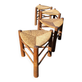 4 Vintage Tripod Triangle Wooden and Straw Stools Circa 1950