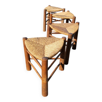 4 Vintage Tripod Triangle Wooden and Straw Stools Circa 1950