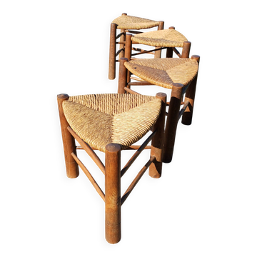 4 Tabourets bois et paille Tripodes Triangle vintageCirca 1950