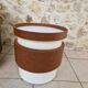 Barrel chair + 2 poufs Selac 1970s cognac and white faux leather