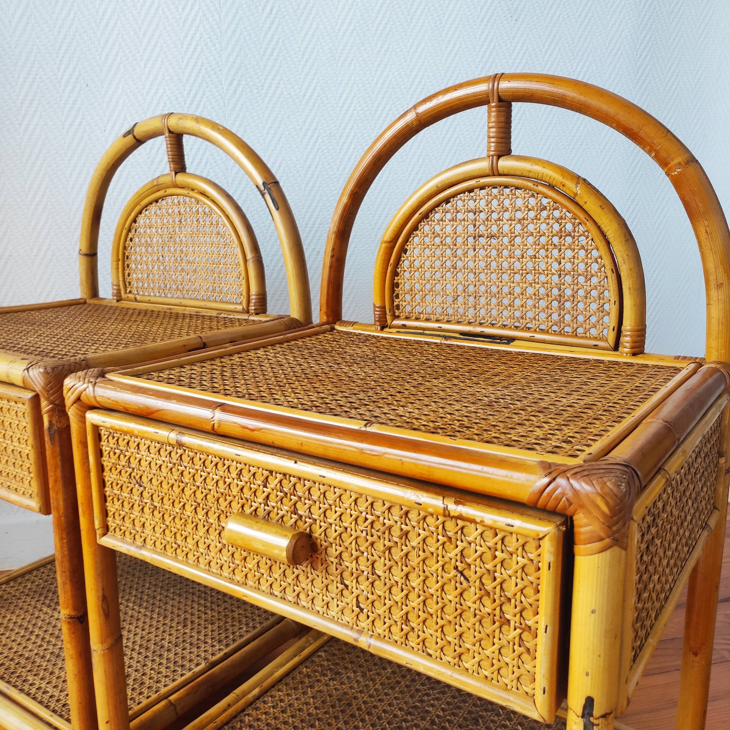 Pair of cane and rattan bedside tables Italy 1970