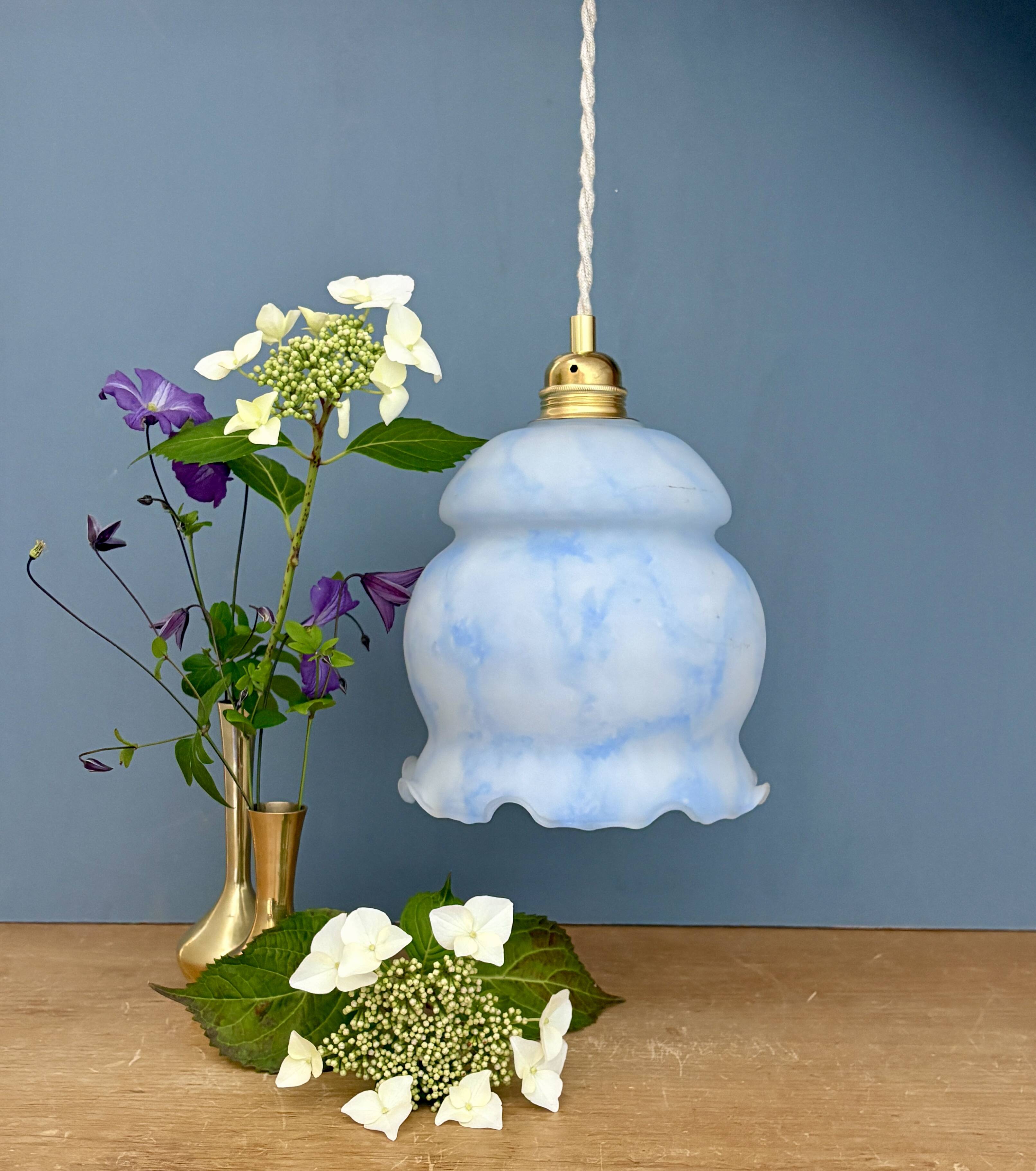 Vintage globe pendant light in white and blue opaline