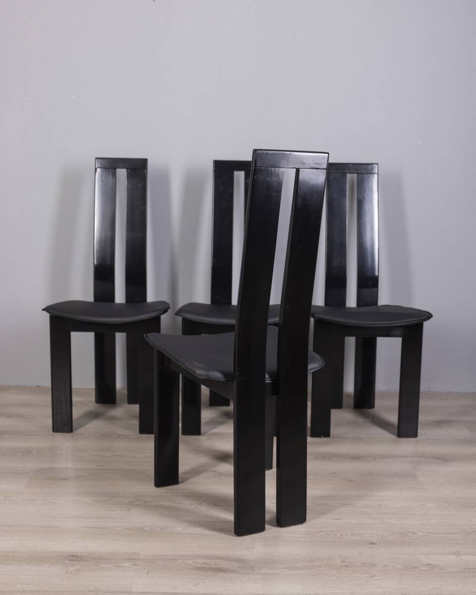 SET OF 4 VINTAGE 1970S WOOD AND LEATHER CHAIRS DESIGN P COSTANTINO FOR ELLO