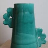 Handmade ceramic abstract vase with large handles and turquoise blue flowers