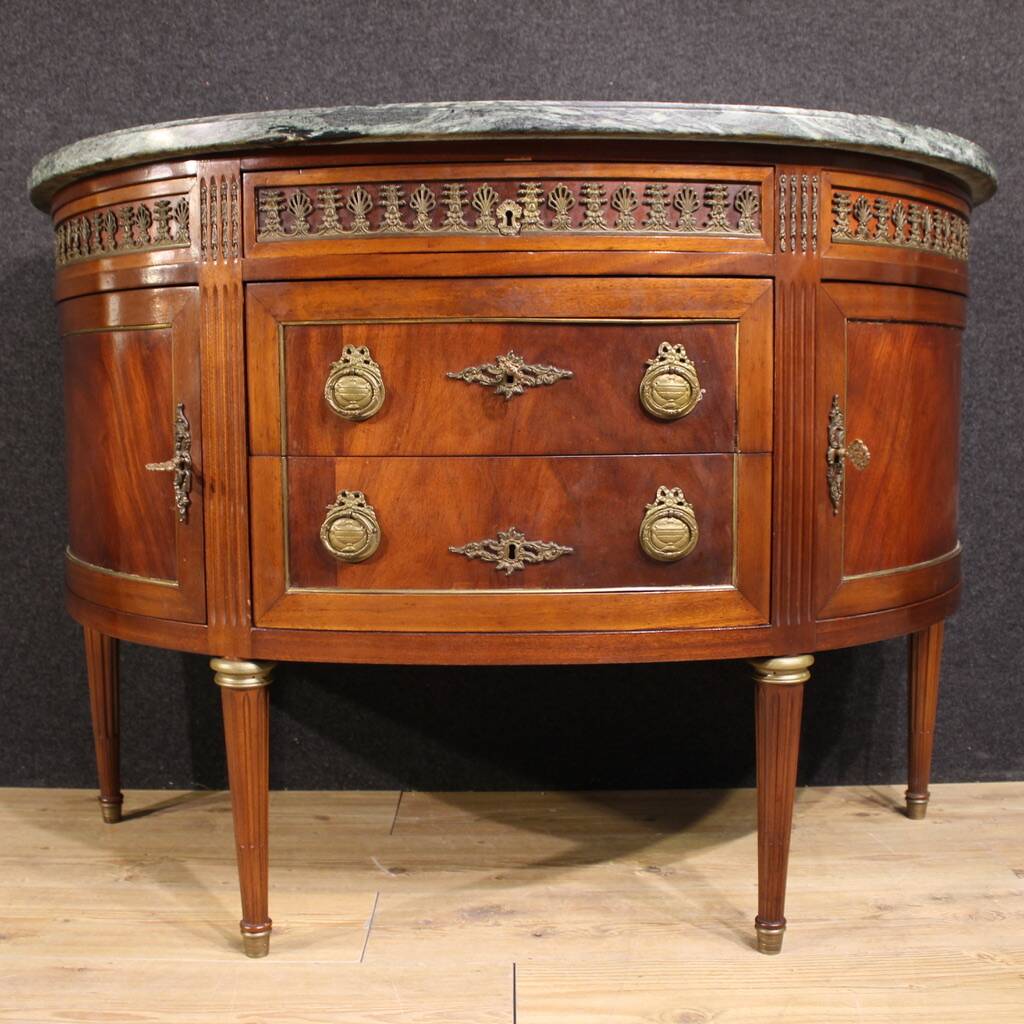 French Louis XVI style half-moon commode with marble top
