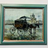 Oil on canvas, horse-drawn carriage in the rain