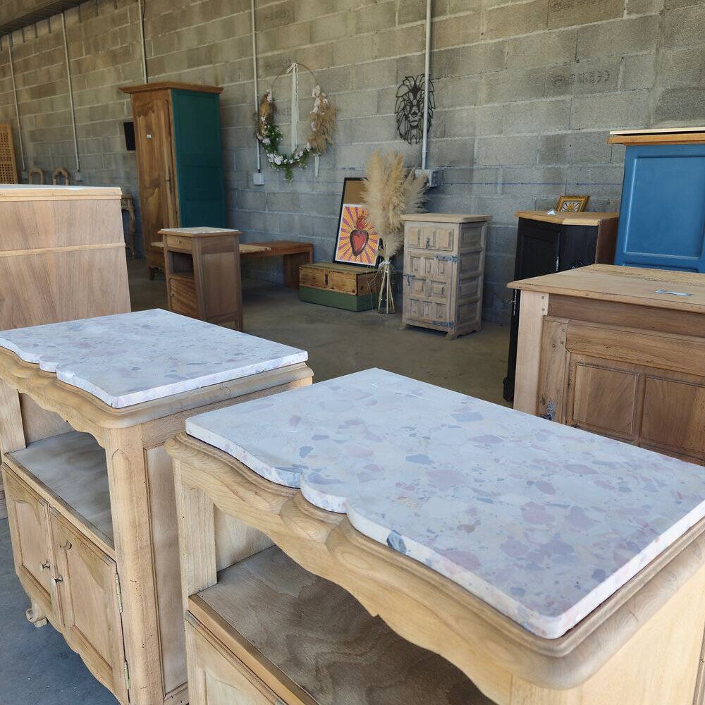 2 antique bedside tables made of solid wood and marble – sandblasted