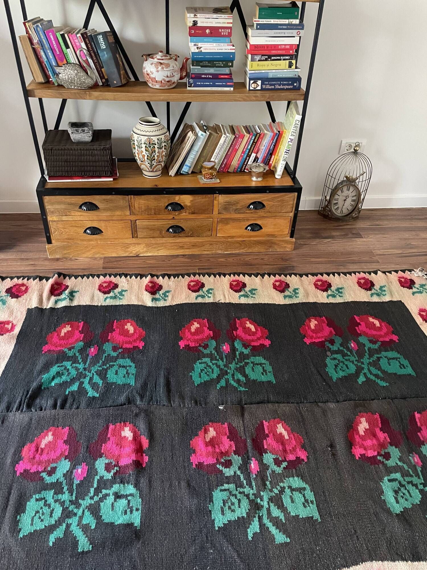 Very Old Romanian floral handwoven carpet made in wool, bohemian design