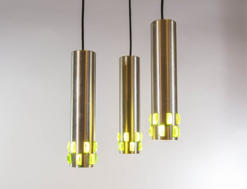 Ceiling lamp with 3 branches aluminum and glass 60s