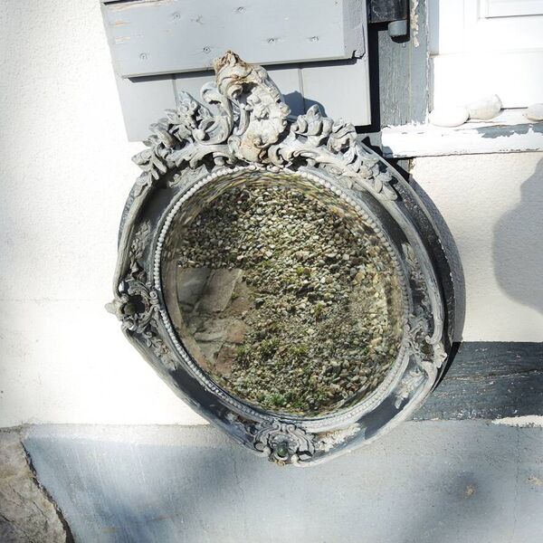 Ancien Miroir Oval Biseauté avec Cadre en Bois Sculpté Baroque