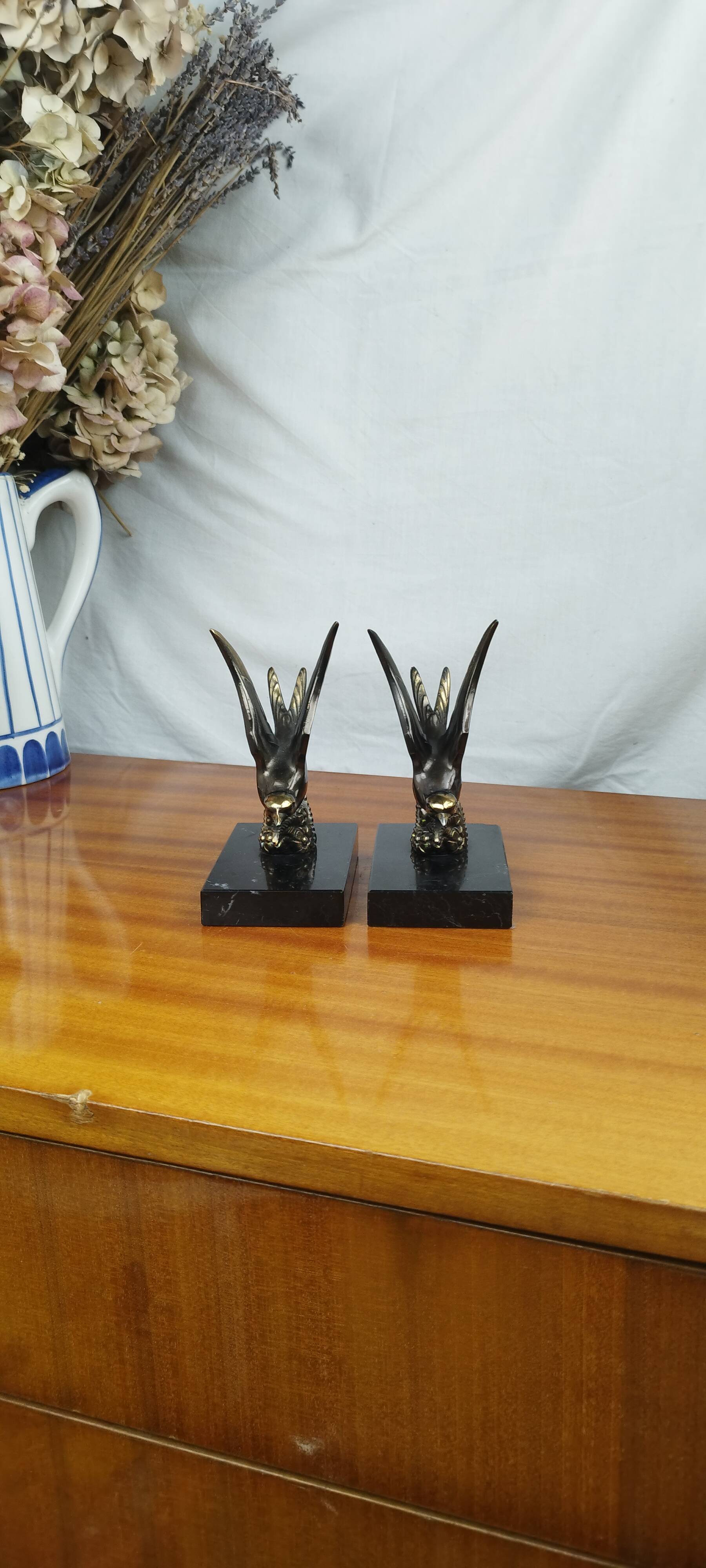 Pair of Art Deco Bookends of Swallows in Flight, Marble & Spelter