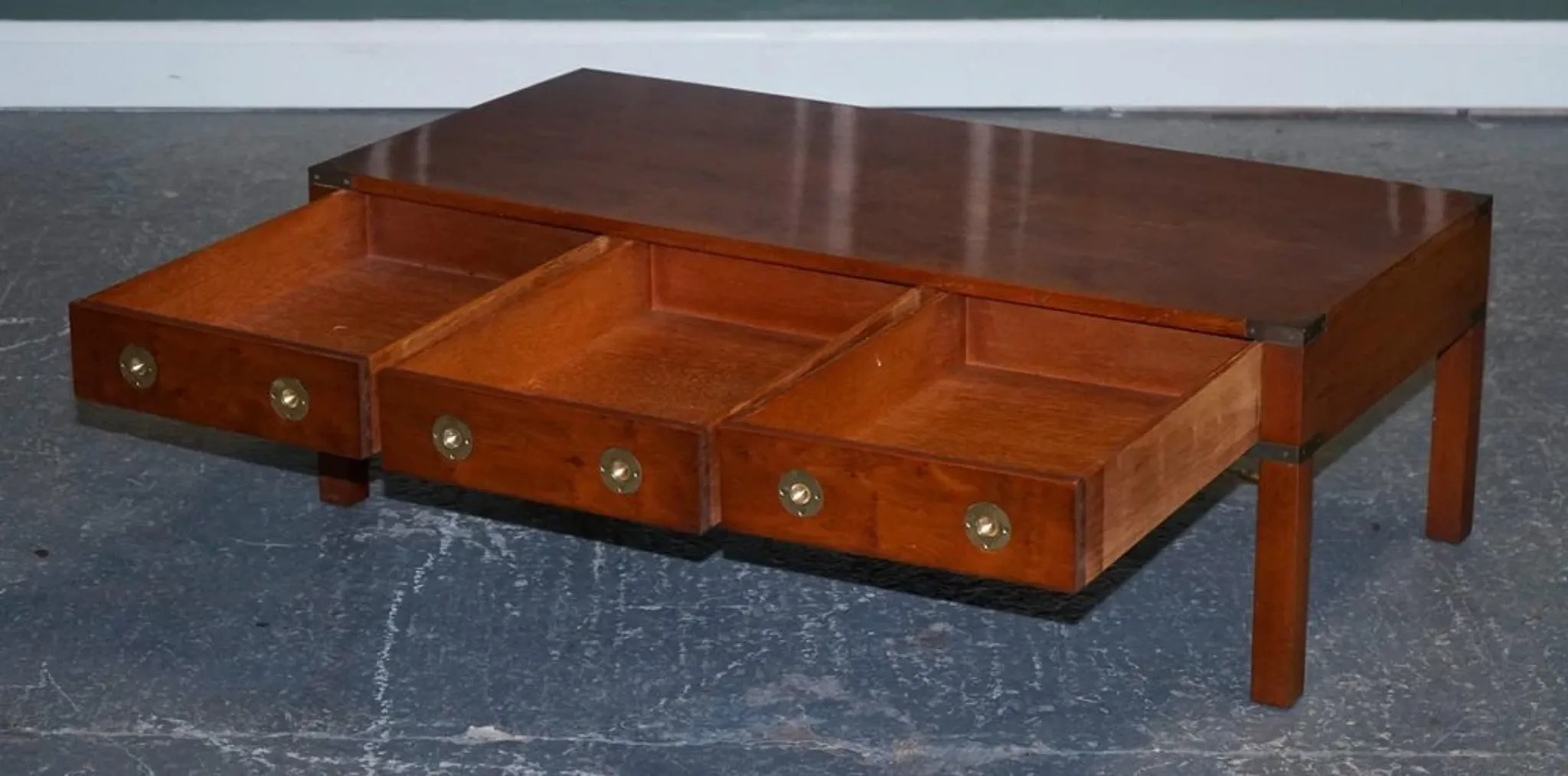 Coffee Table with 3 Drawers Military Campaign in Yew Wood, Elm and Brass, 1950s