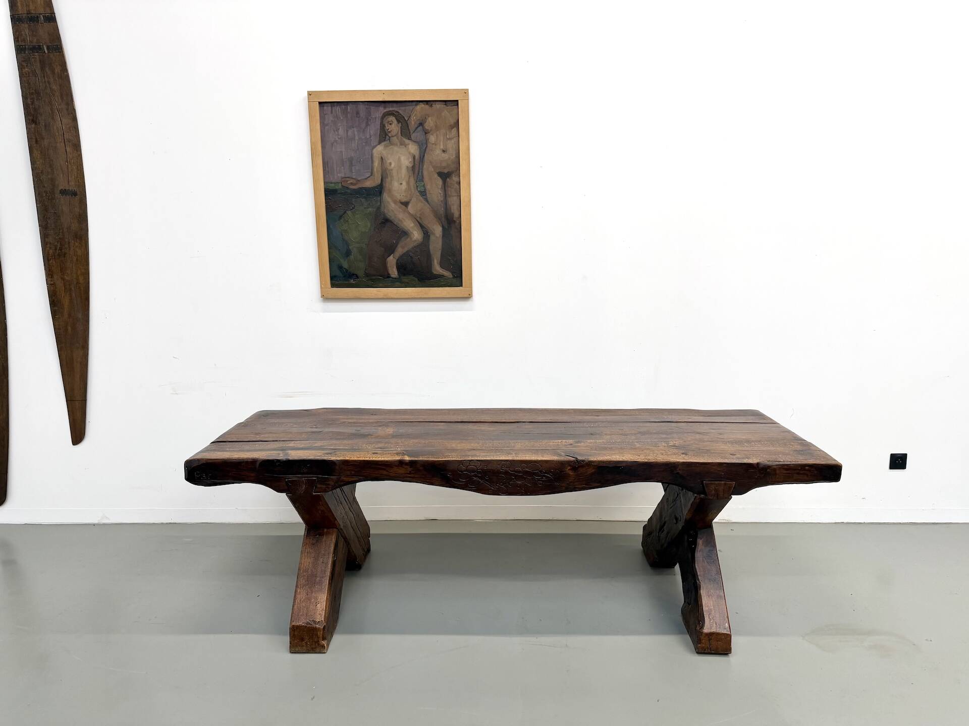 Table Brutaliste en Chêne Massif, Art Populaire (Vers 1900)