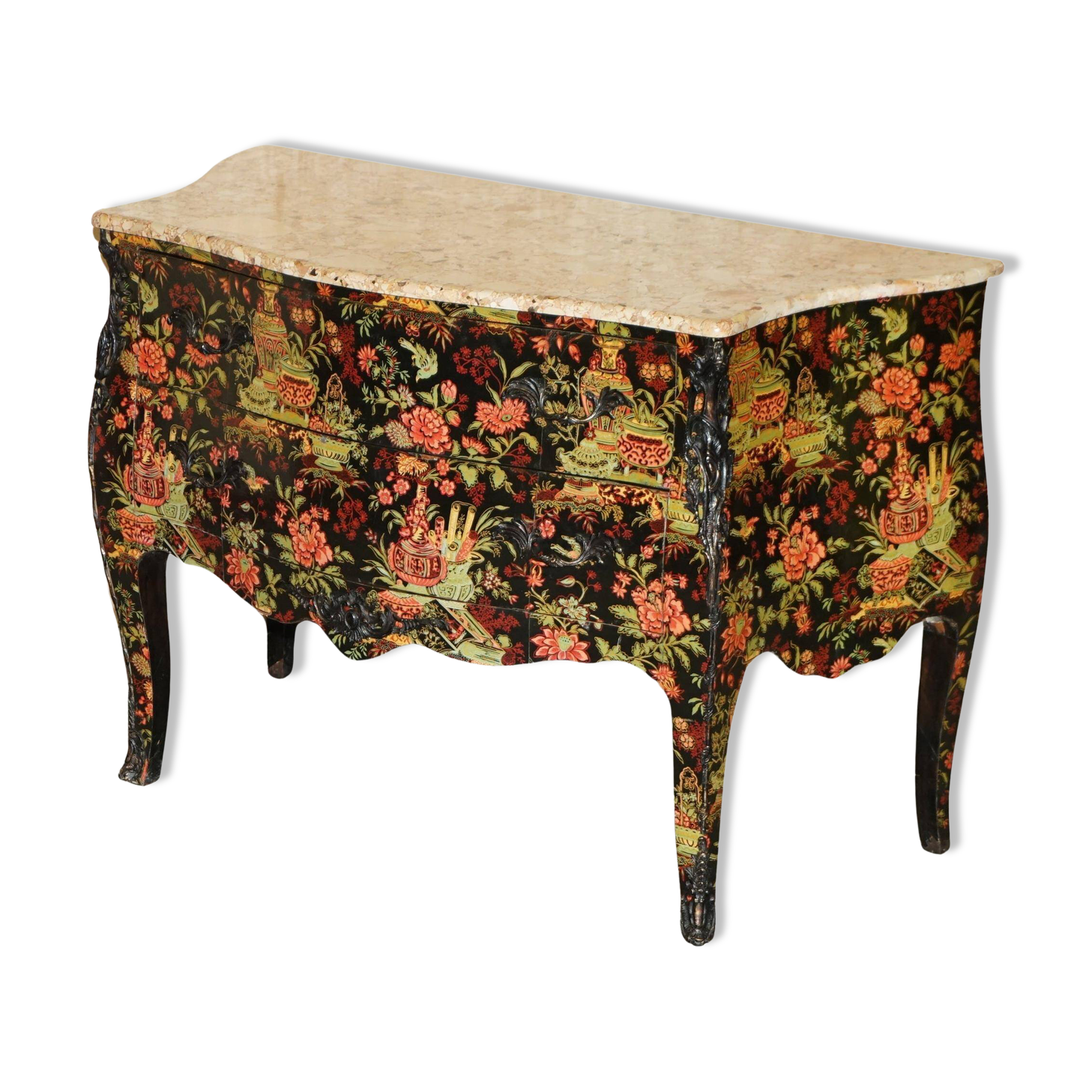 Antique Chinoiserie Commode Hand-Painted with Marble Top