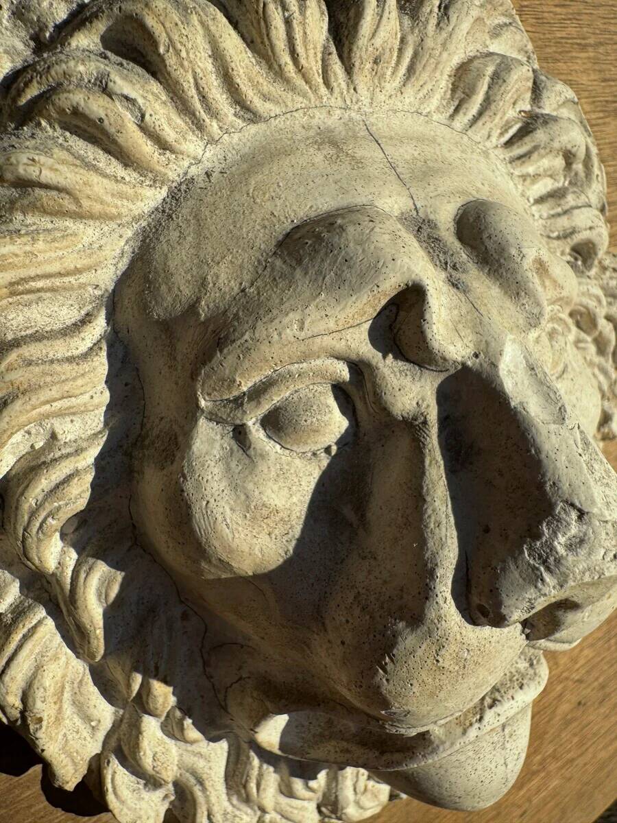 Off-white plaster lion head relief on natural wood panel — Walter De Buck, classical decorative sculpture