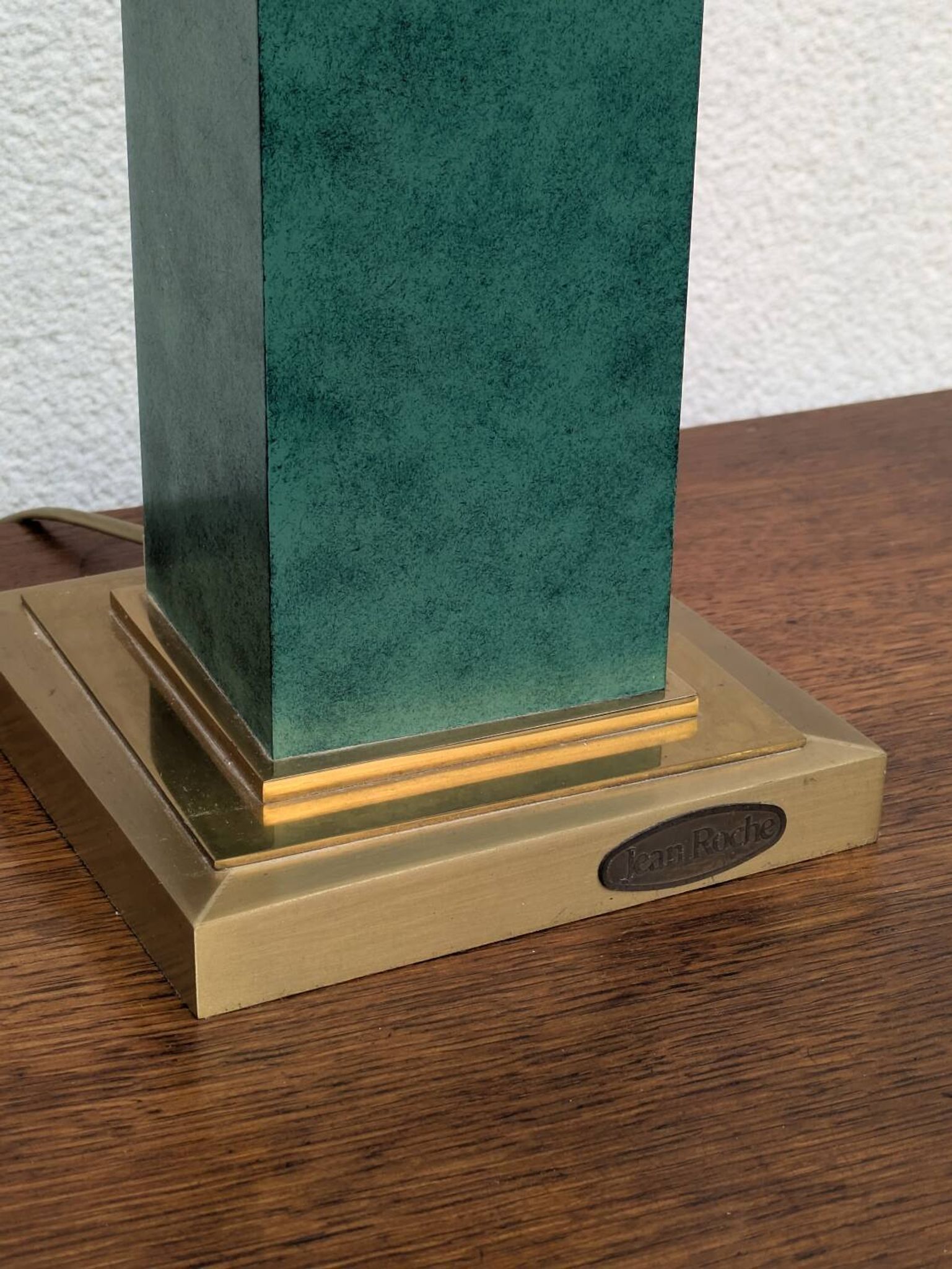 Pied de lampe vintage Jean Roche, 1980, laiton & vert
