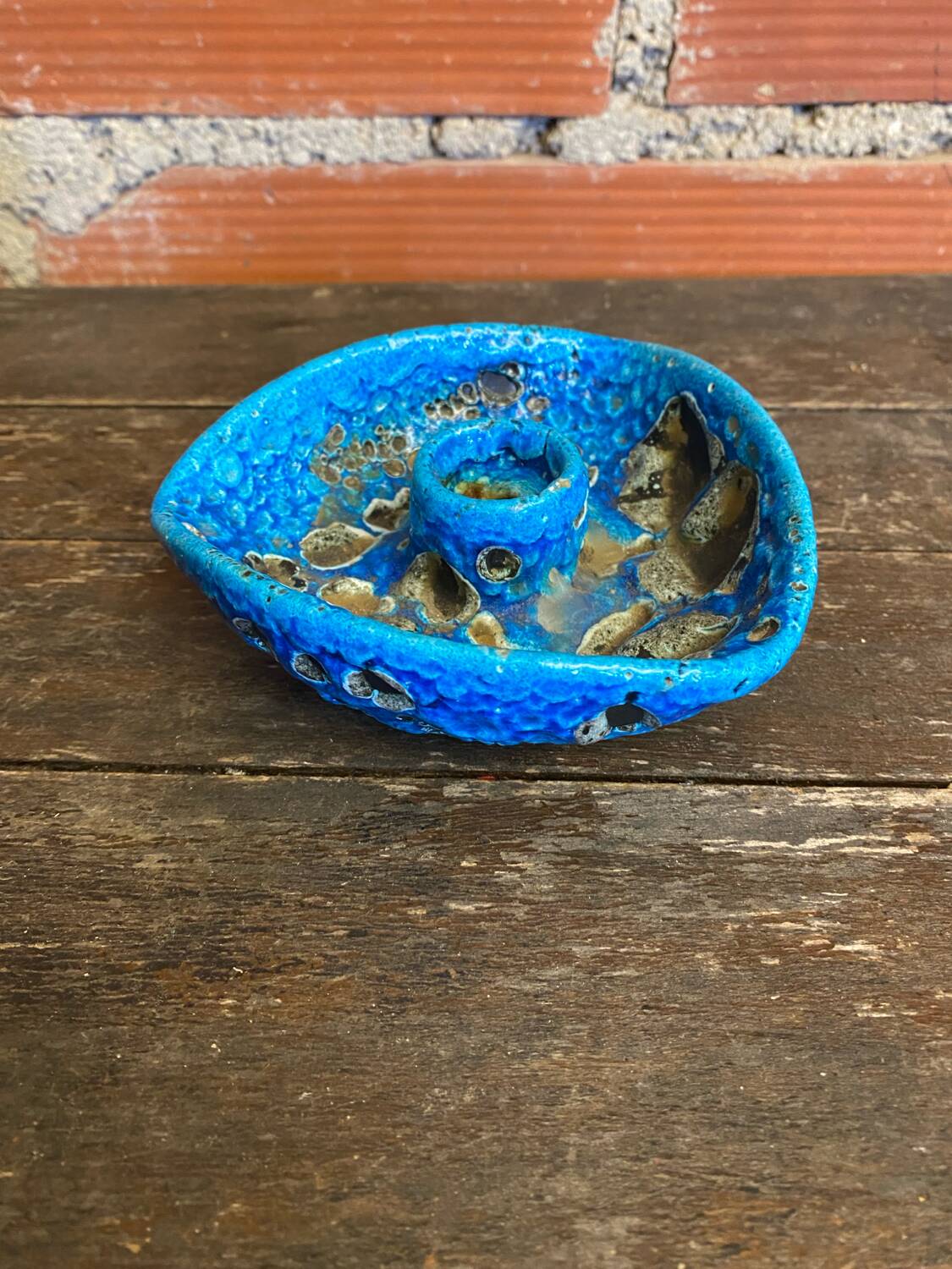Vintage blue fat lava ceramic cyclops candle holder charles cart