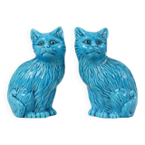 Paire de statues de chats émaillés bleus en céramique chinoise