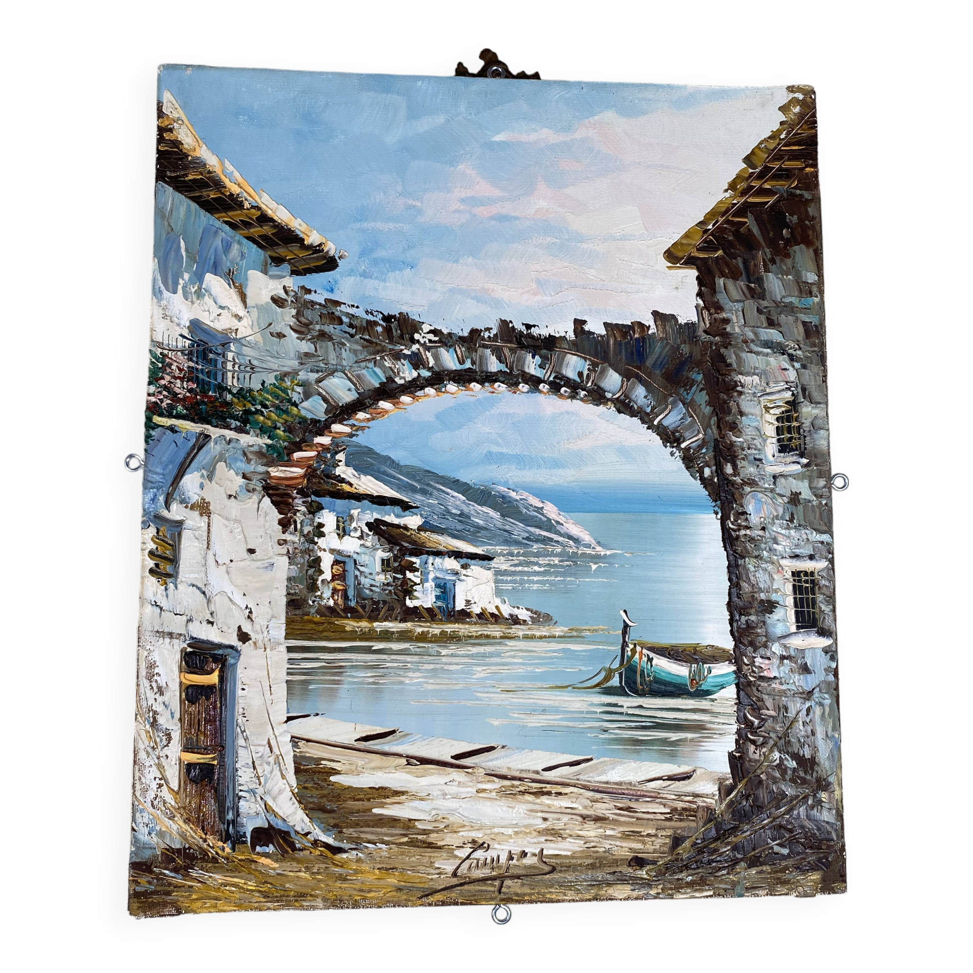 Oil painting on canvas with marine motif, signed