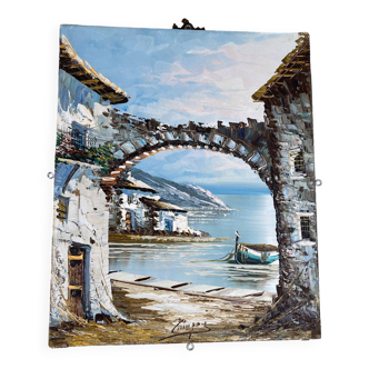 Oil painting on canvas with marine motif, signed