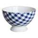 Large vintage white earthenware bowl with blue gingham pattern