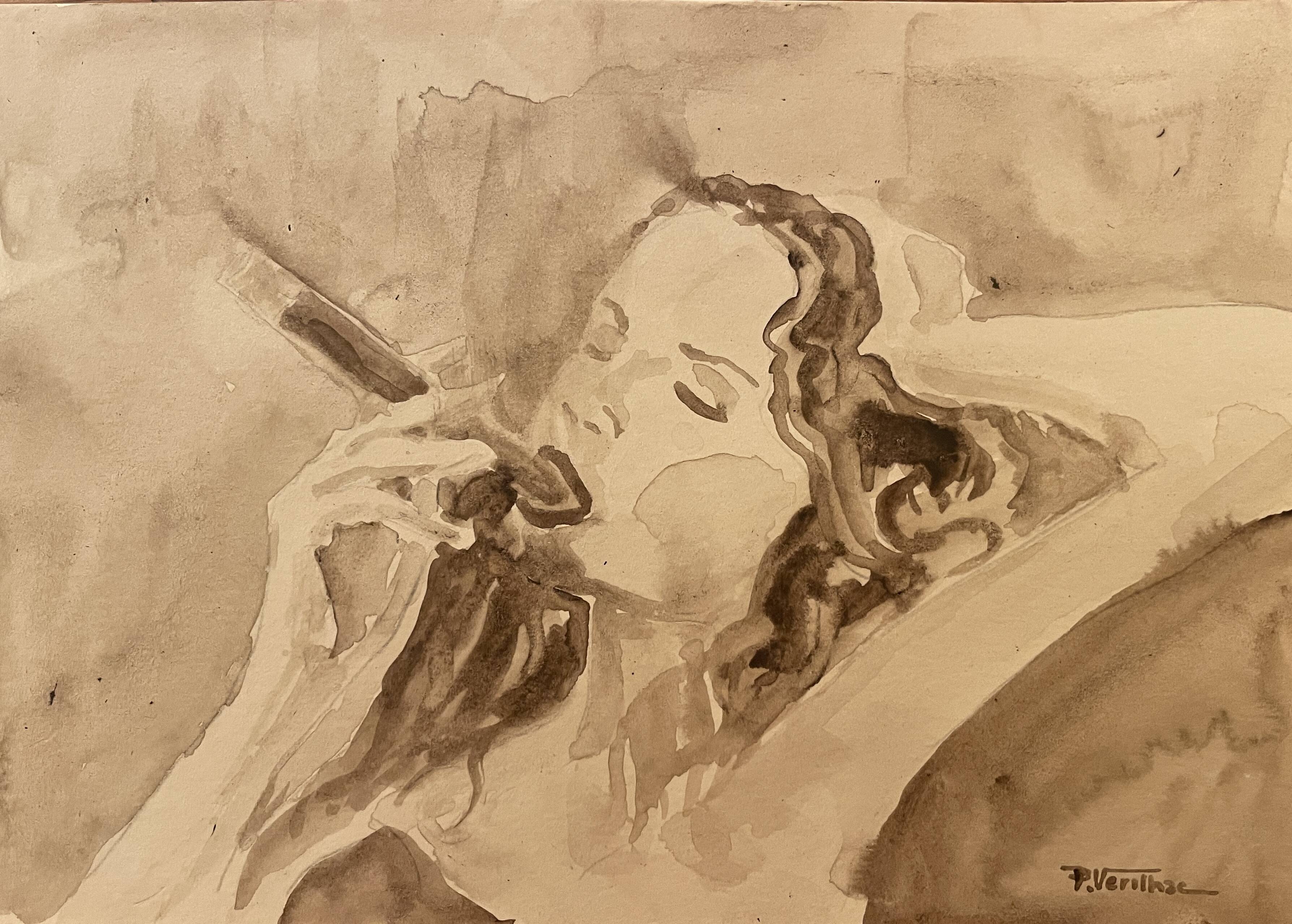 Watercolor Painting Signed “the smoker of Havanas” Cuba
