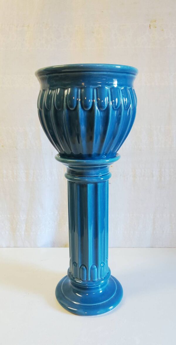 Colonne et vasque style Art-Déco en céramique émaillée bleu - mid. XXe