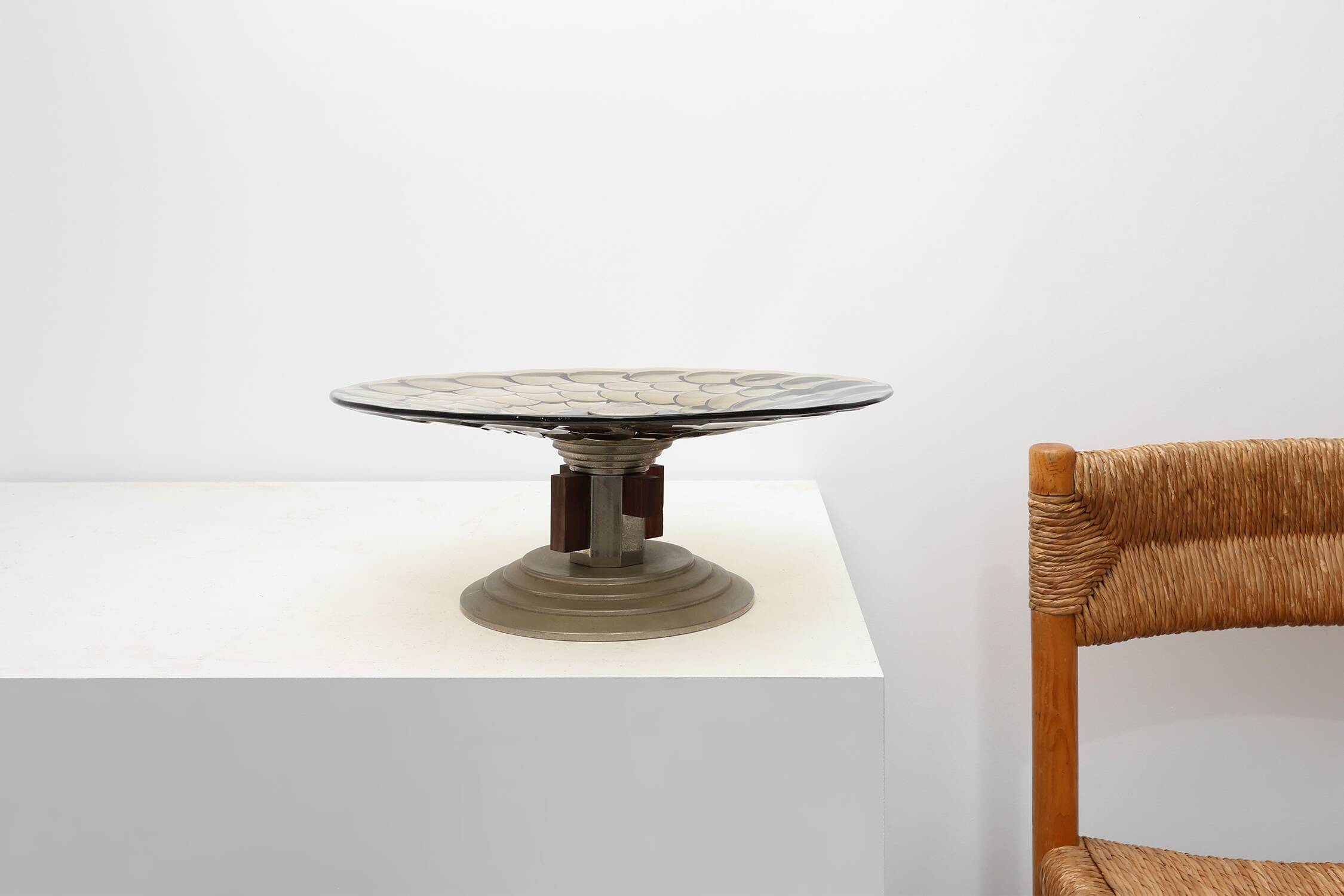 Art Deco Glass, wood and Metal Fruit Bowl, France, 1940s