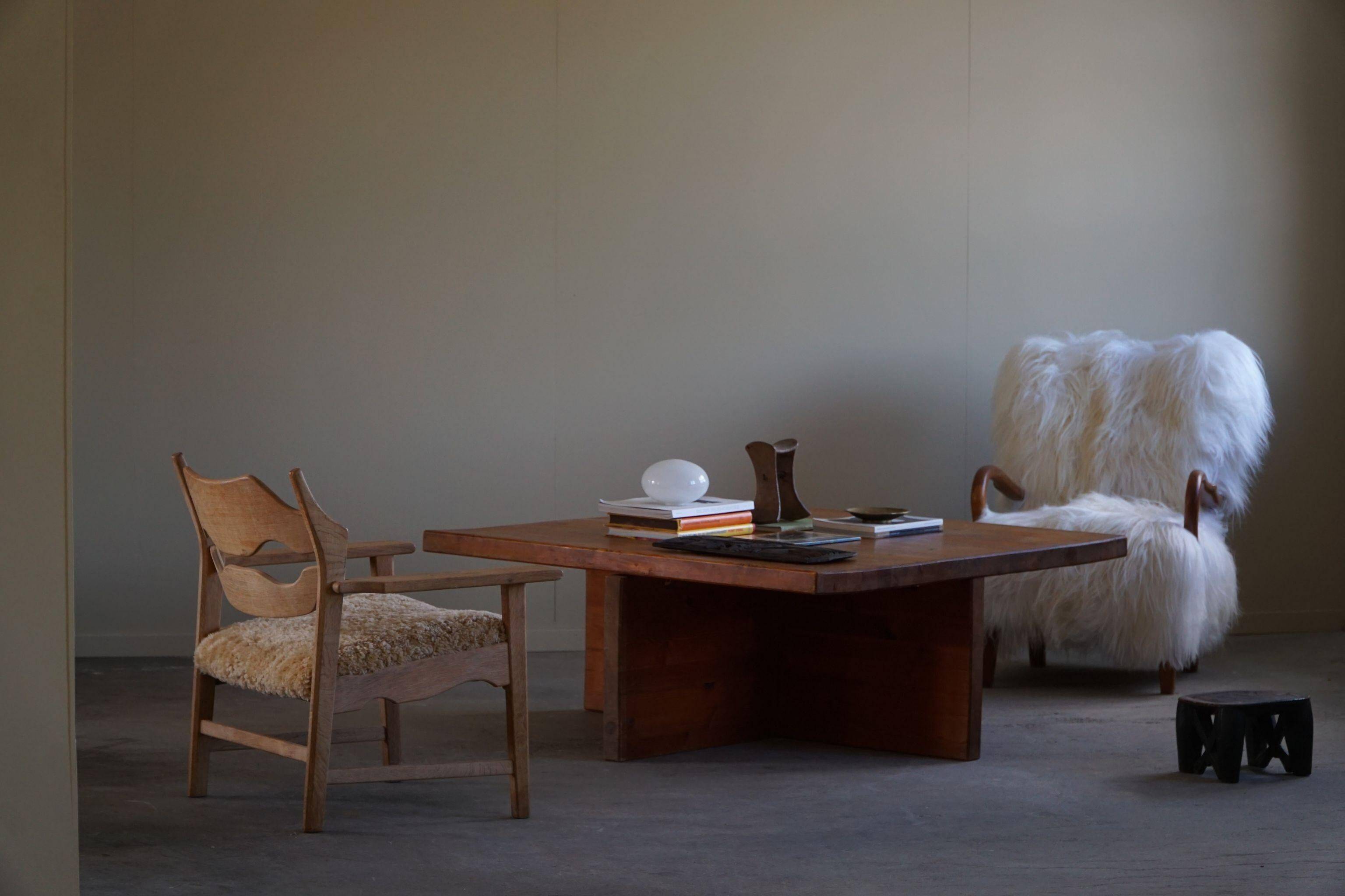 Modern Swedish coffee table in solid pine by Sven Larsson, brutalist, 1970s.