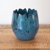 Pot de fleurs en céramique bleu avec motif tulipe, pièce de poterie d'atelier vintage