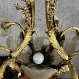 Lustre en bronze doré avec verrerie aux roses et coquilles
