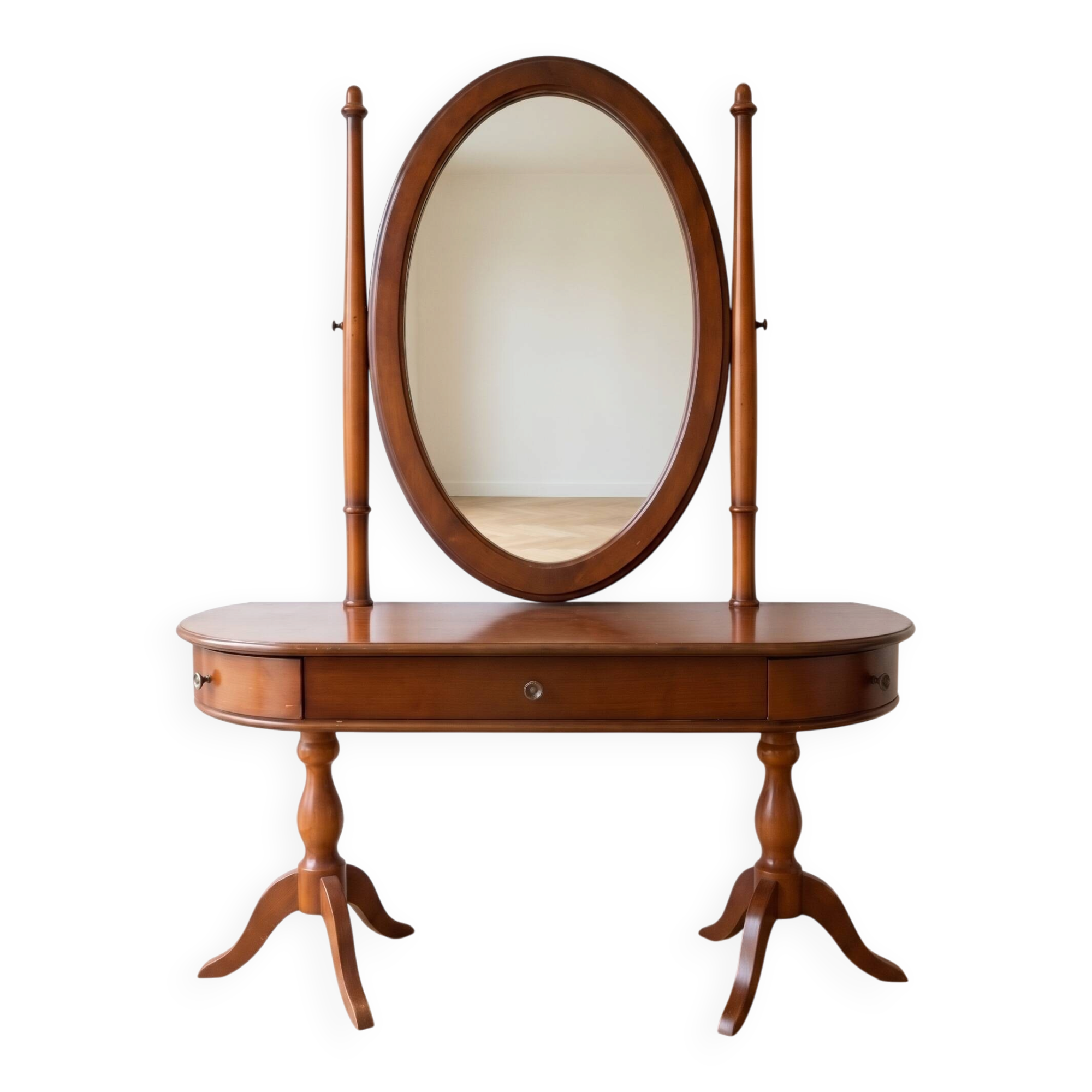 Traditional wooden dressing table with oval mirror.