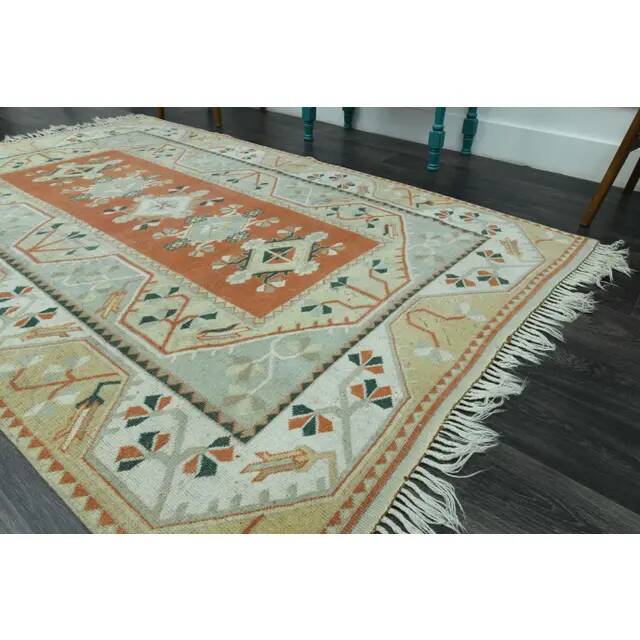 1970s Vintage Turkish Handmade Wool & Cotton Orange Area Rug 156x253