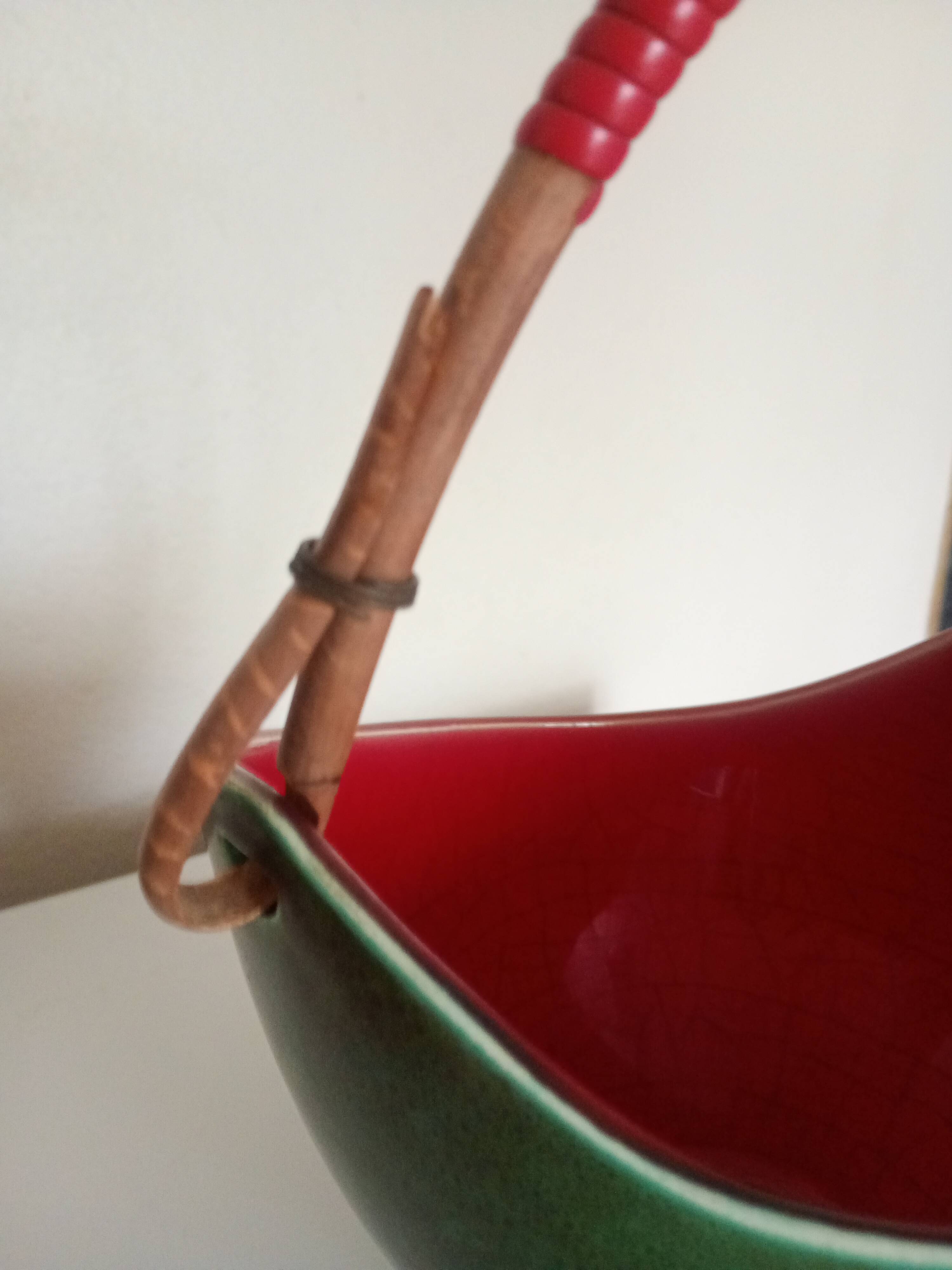 Leon elchinger soufflenheim - red and green ceramic fruit basket with handle