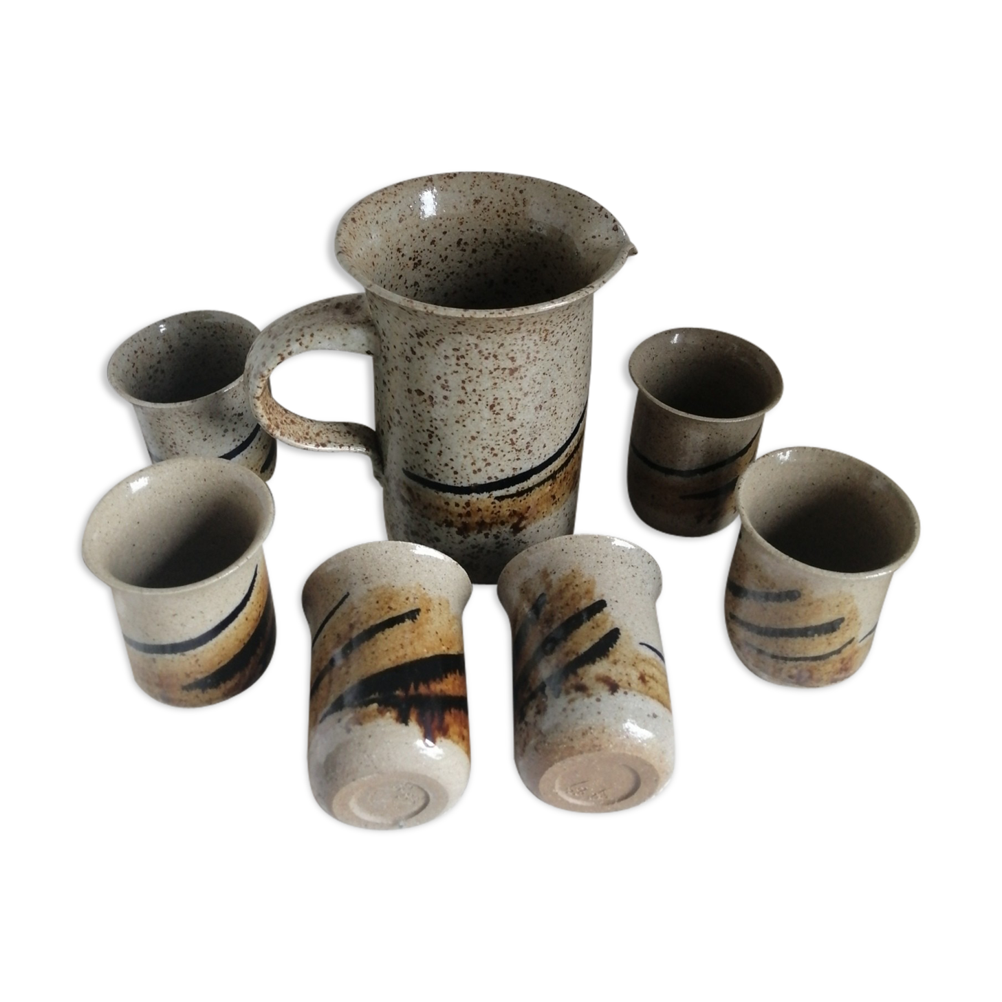Enamelled sandstone pitcher and glasses