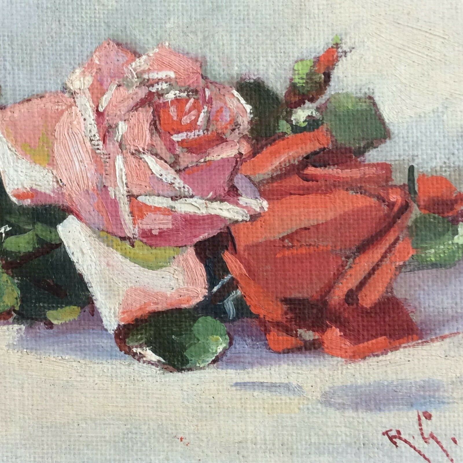 Painting Painting Oil on Panel Signed RG Bouquet of Roses Mid-20th