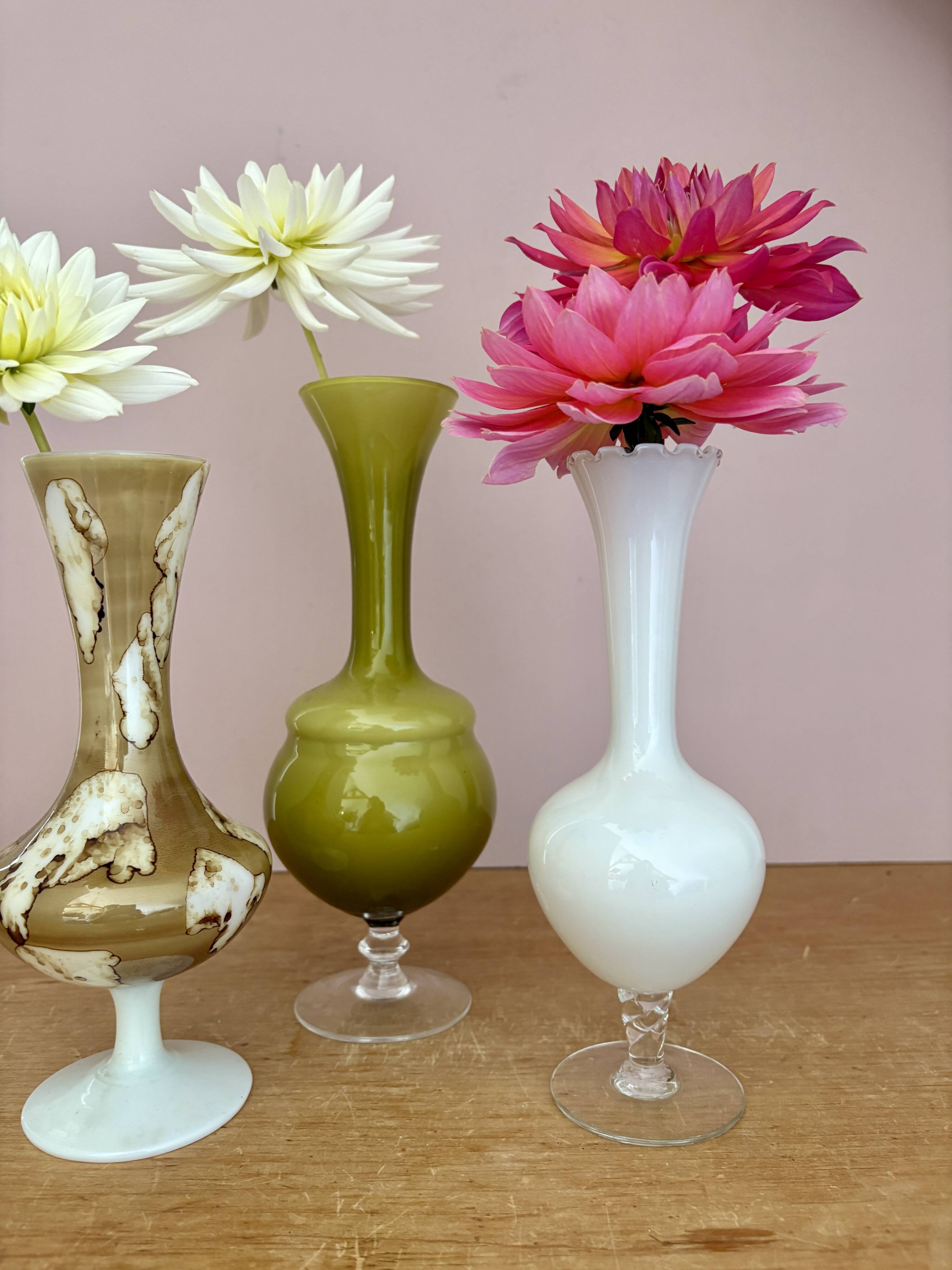 Set of 3 vintage glass and opaline vases