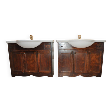 Meuble-lavabo vintage en bois de peuplier avec vasque, années 1960, lot de 2