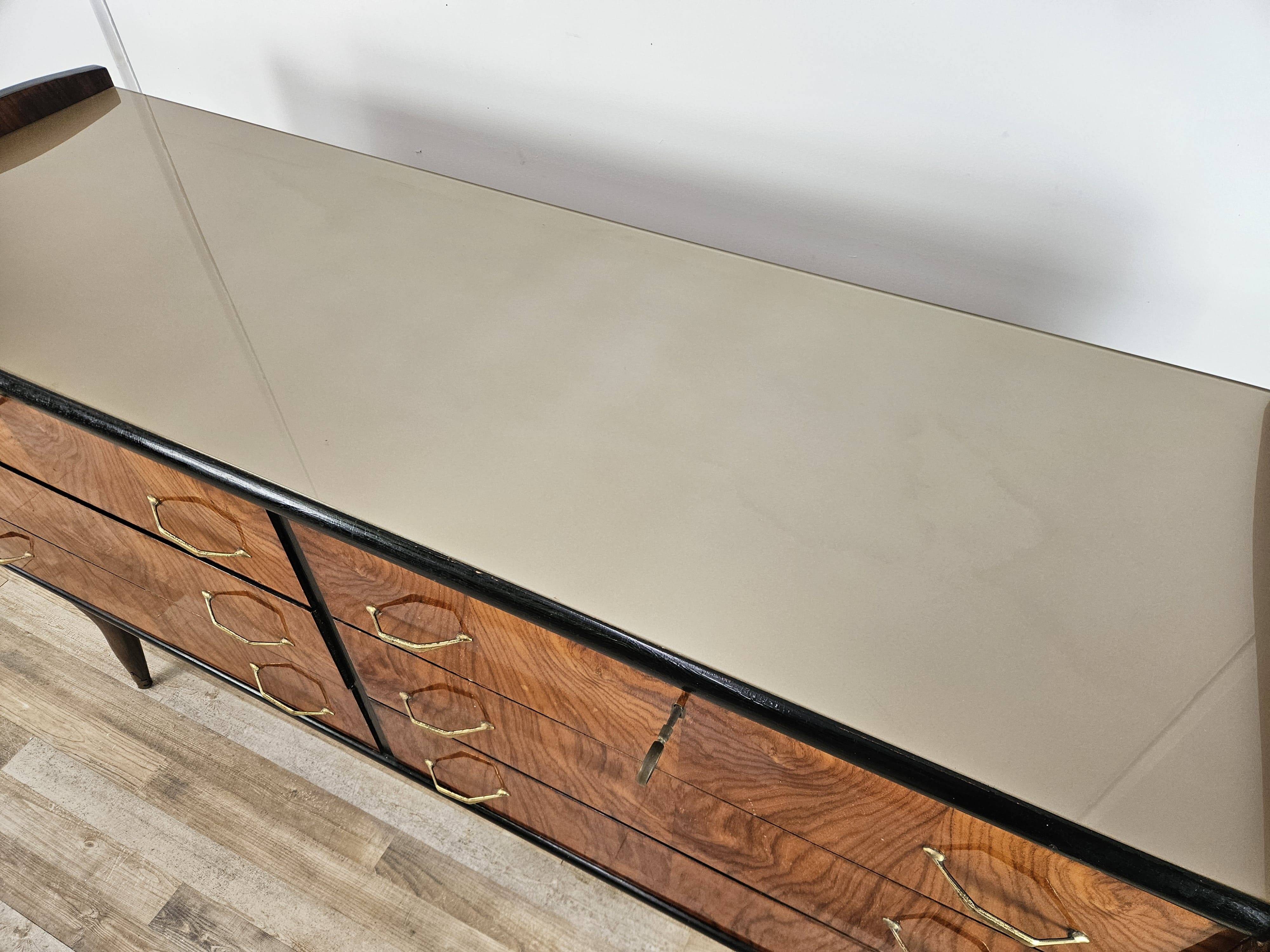 1950s six-drawer chest of drawers with glass top
