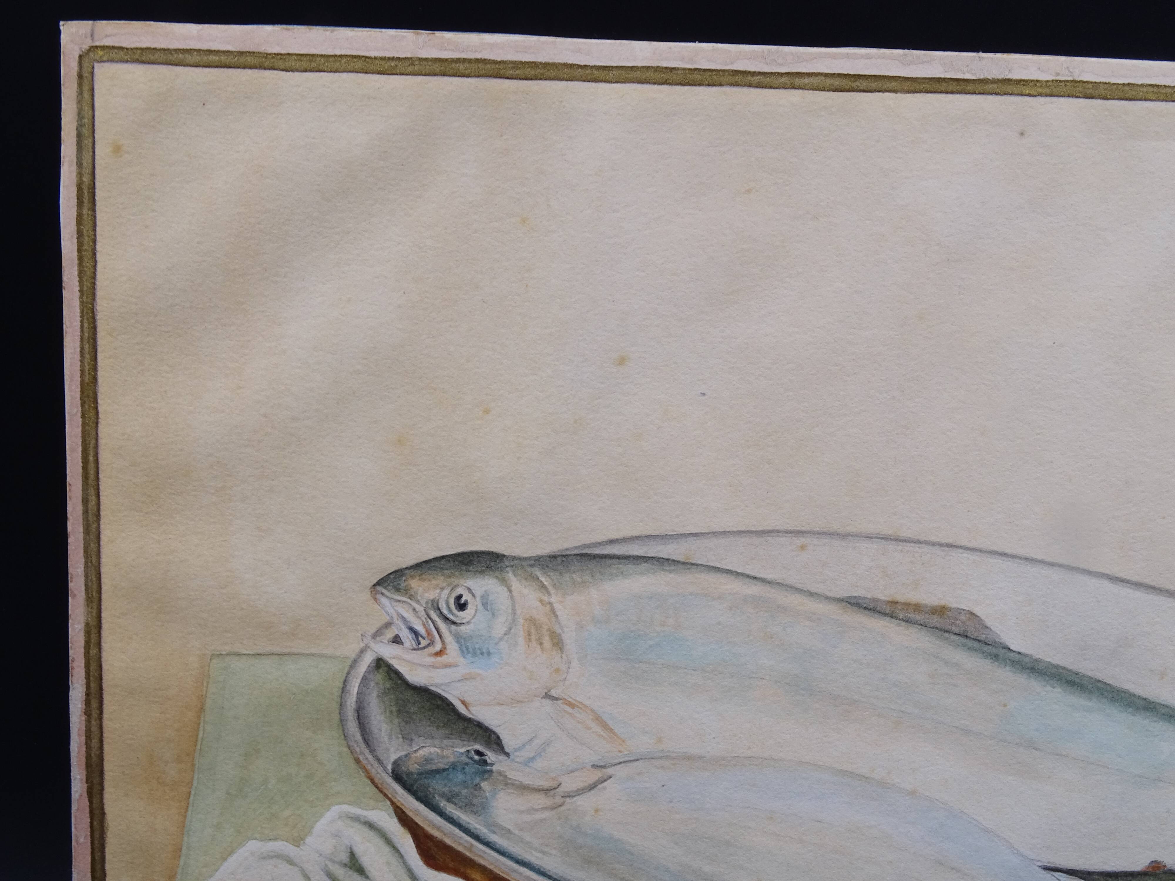 Still life with Pisces, lemon and knife by Louis Chavannes - Watercolor dated 1945