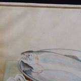 Still life with Pisces, lemon and knife by Louis Chavannes - Watercolor dated 1945