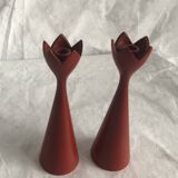 pair of Scandinavian painted wooden candle holders, minimalist atmosphere, free form
