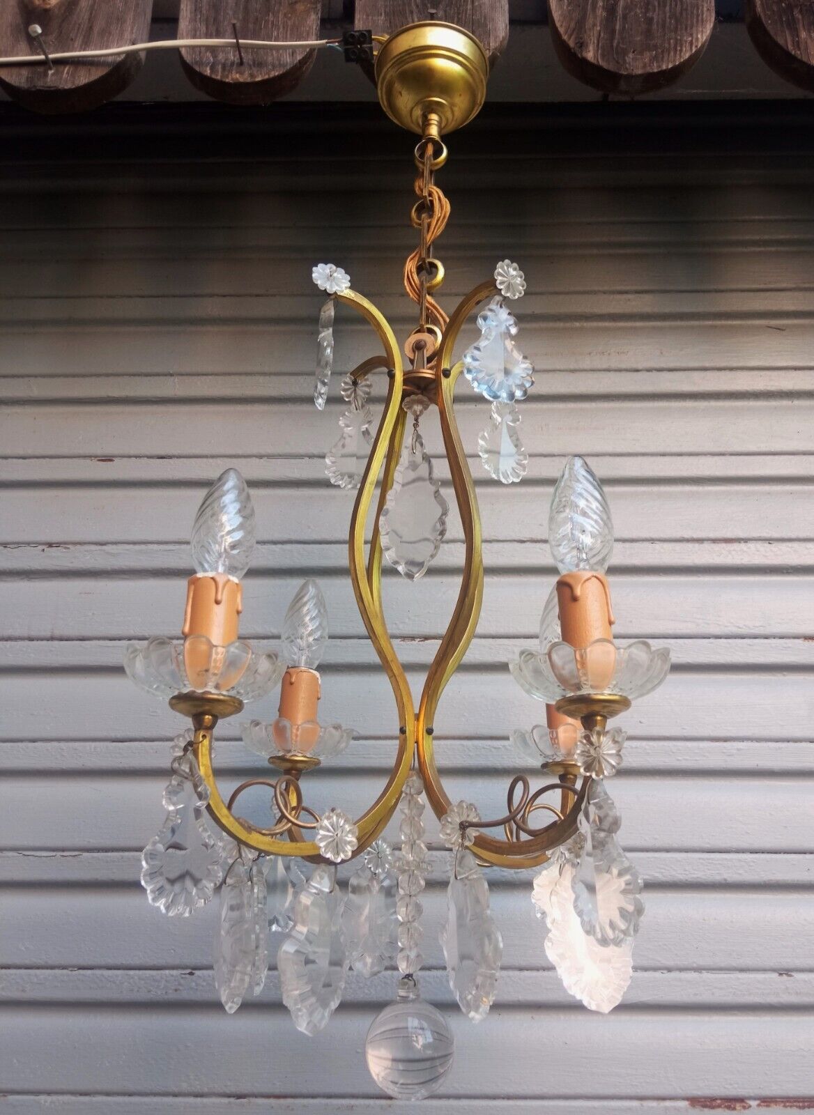 Old 4-light cage chandelier with crystal pendants
