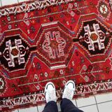 Vintage 1940s Persian Shiraz rug, tribal triple medallion, red field, 115cm x 156cm